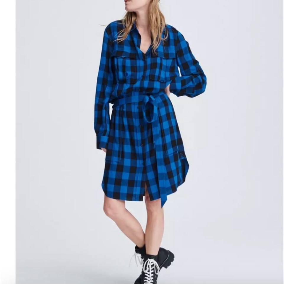 Rag & Bone Blue Plaid Tie-Waist Shirt Dress Xs